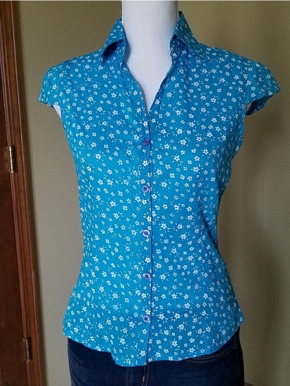 Terranova Short Sleeve Cotton Turquoise Blue & White Floral Shirt from Italy